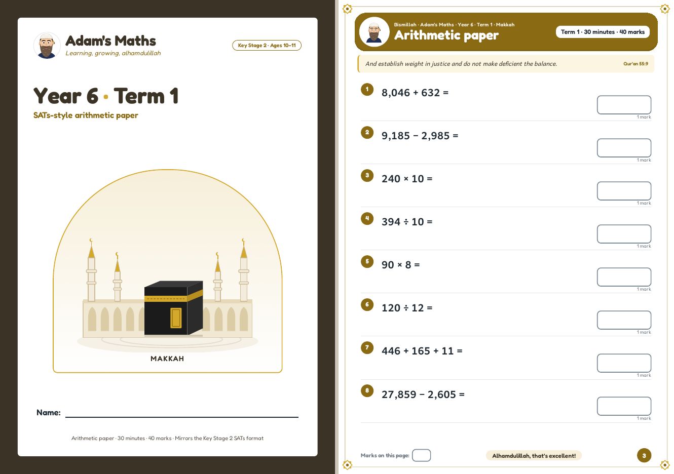 Two open pages from Year 6 · Term 1: SATs-style arithmetic paper